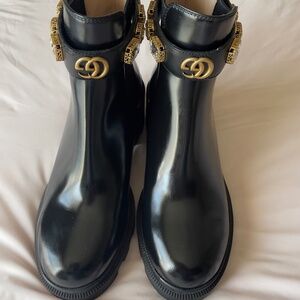 GUCCI GG Logo Women Black Leather Combat Boots Size 7
